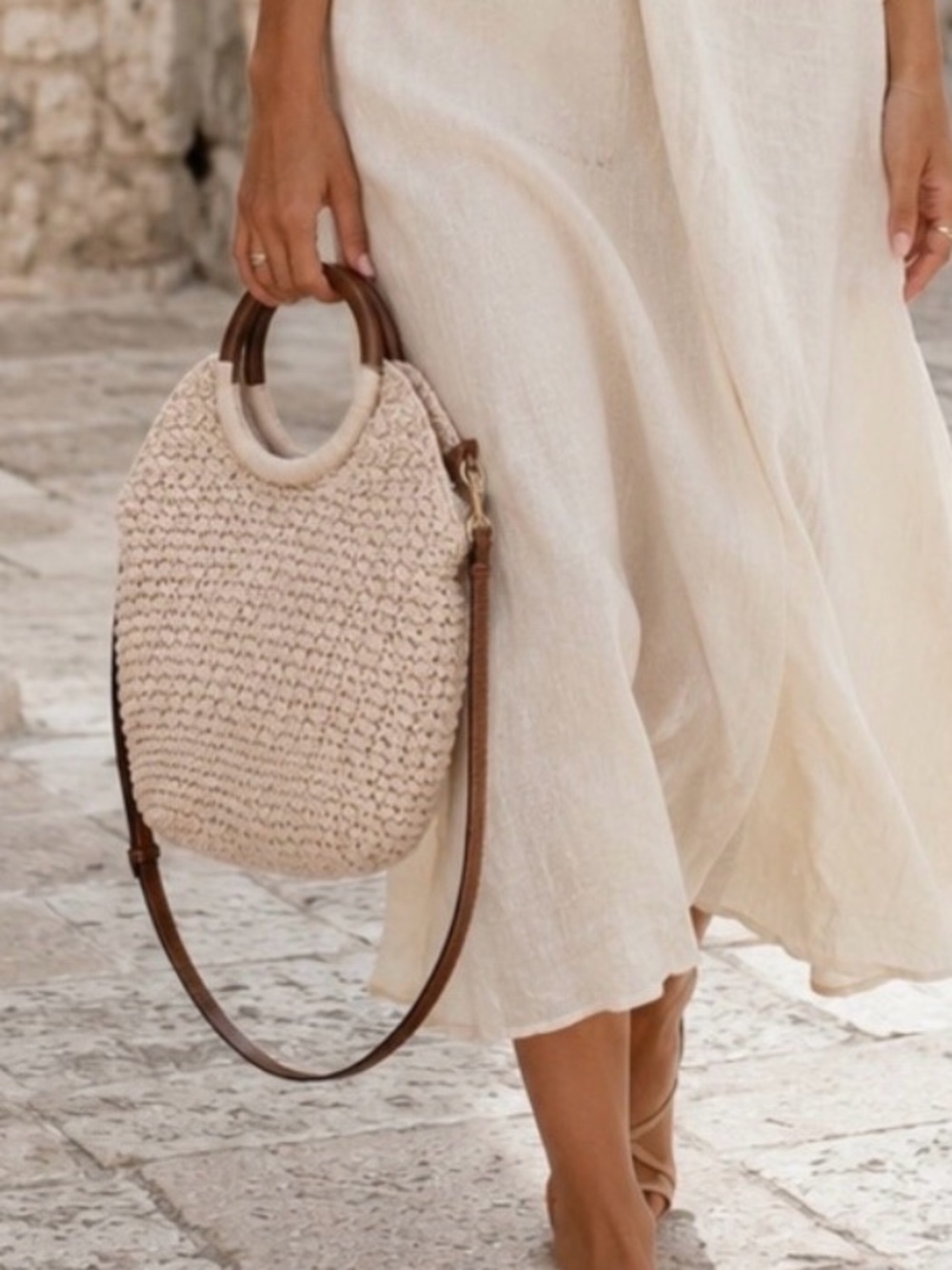 ZARA Crochet Wood Handle Crossbody Bag Cream Boho Summer w/ Dust Bag